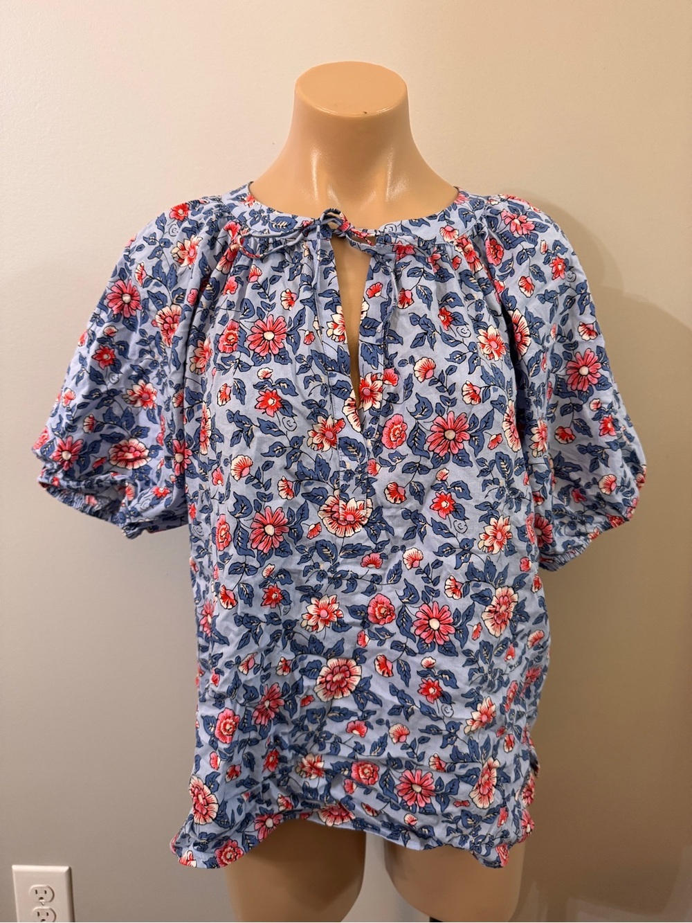 Loft Peasant Floral Top Tie Blouse Medium Blue Pink - Picture 2 of 5